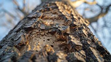 The Intricate Textures of Tree Bark Under Gentle Sunlight in a Serene Forest Setting photo