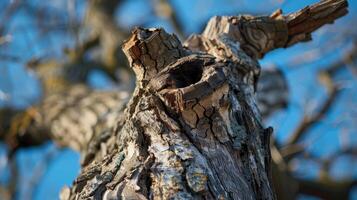 Majestic Old Tree Trunk Reaching Towards a Bright Blue Sky at Midday photo