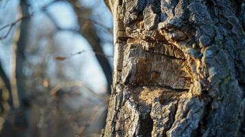 Ancient Oak Tree Bark Captured in Golden Morning Light at the Edge of the Forest photo