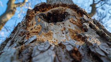 Woodpecker Carving Intricate Patterns on Tree Bark Under a Clear Blue Sky in Early Morning photo