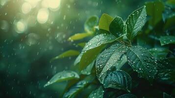 Raindrops Dance on Lush Green Leaves in a Tranquil Forest During a Gentle Afternoon Rainfall photo