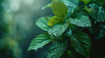 Raindrops Dancing on Lush Green Leaves in a Serene Forest During a Gentle Rain Shower photo