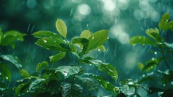 Vibrant Green Leaves Barely Holding Raindrops Amidst a Refreshing Forest Rain Shower at Dusk photo