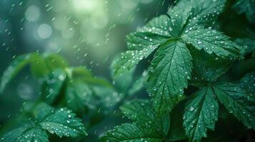 Raindrops Gracefully Dance Upon Lush Green Leaves in a Tranquil Forest at Dawn photo
