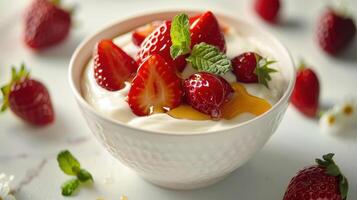 Delicious Yogurt Bowl Topped With Fresh Strawberries and Drizzled Honey on a Bright Spring Morning photo