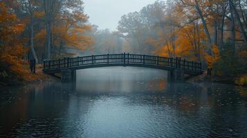 A Serene Autumn Morning Overstill Waters Beneath a Wooden Bridge in a Tranquil Park Setting photo