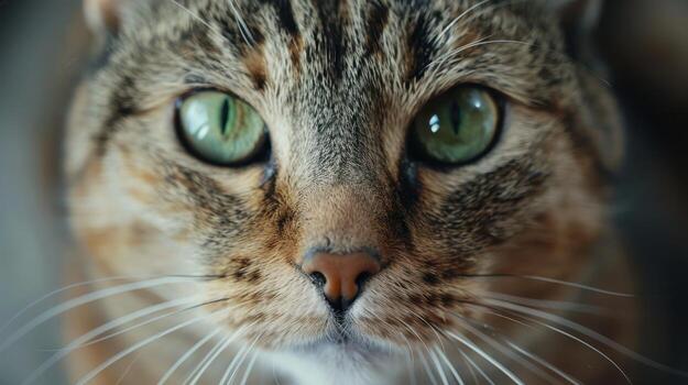 Captivating Close-Up of a Striking Tabby Cat With Mesmerizing Green Eyes in a Cozy Indoor Setting photo