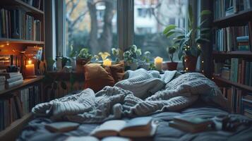 Cozy Reading Nook With Soft Blankets and Warm Candles on a Rainy Afternoon in a Book-Laden Room photo