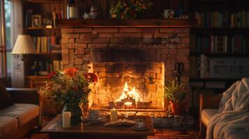 Cozy Evening by the Rustic Fireplace Surrounded by Warmth and Comfort in a Charming Living Room photo