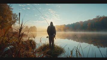 Serene Fisherman Casting Lines at Dawn by a Misty Lakeside in Autumn photo