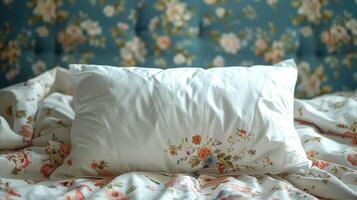 A Serene Morning in a Floral Bedroom With Sunlight Highlighting the Soft Pillow on the Cozy Bed photo