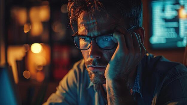 tarde noche codificación sesión en un tenuemente iluminado hogar oficina con un enfocado programador trabajando en un complejo proyecto foto