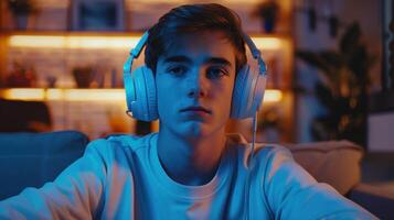 A Young Gamer Immersed in Virtual Adventure Amidst a Cozy Indoor Setting at Night photo