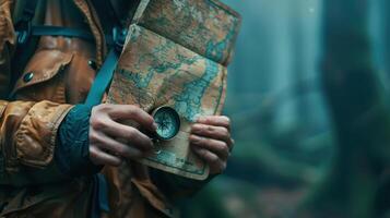 Exploring the Enchanted Forest at Dawn With a Compass and Weathered Map photo