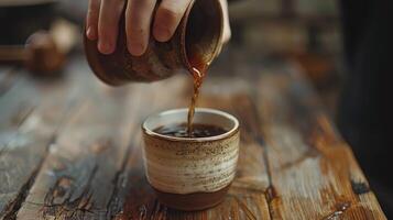 Pouring Warm Brew From Rustic Pot Into Handmade Ceramic Cup on Wooden Table photo