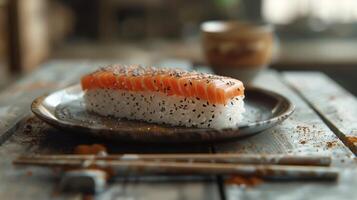 Artfully Crafted Sushi Roll With Fresh Salmon and Sesame Seeds on Rustic Wooden Table photo