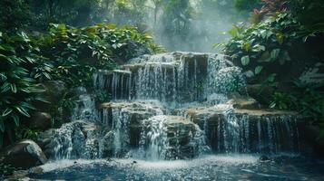 Serene Waterfall Cascading Amidst Lush Greenery in a Tranquil Forest at Dawn photo