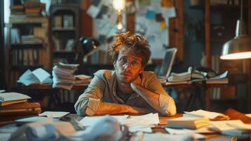 Creative Struggles of a Writer Surrounded by Paperwork in a Cozy Study at Night photo