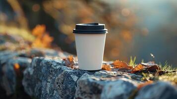 A Serene Morning With Coffee on a Rocky Outcrop Surrounded by Autumn Leaves photo