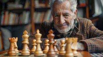 Thoughtful Chess Player Strategizes Over Intriguing Game in Cozy Library Setting During Autumn Afternoon photo