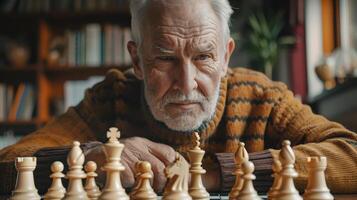 Elderly Man Contemplating His Next Move During a Quiet Indoor Chess Match photo