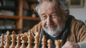 Wise Elder Strategically Engaged in a Challenging Chess Match at Home on a Cozy Afternoon photo