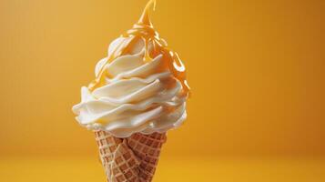 Delicious Swirl of Creamy Vanilla Soft Serve With Golden Caramel Drizzle Against a Vibrant Yellow Background photo
