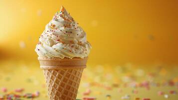 Delightful Vanilla Ice Cream Cone Adorned With Colorful Sprinkles Against a Vibrant Yellow Background photo