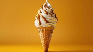 Indulgent Vanilla Soft Serve Ice Cream Cone With Caramel Drizzle Against Bright Yellow Background photo