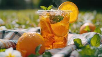 Refreshing Citrus Beverage Served on a Sunny Day Amidst Lush Greenery and Vibrant Flowers photo