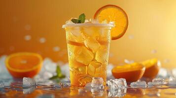 Refreshing Citrus Beverage With Ice Against a Warm Sunset Background in a Cozy Setting photo