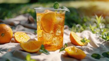 Refreshing Summer Beverage Served With Freshly Sliced Oranges on Sunlit Grass photo