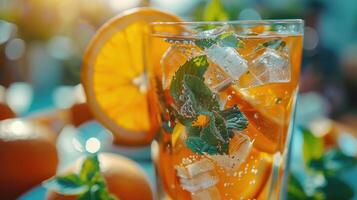 Refreshing Citrus Beverage Served in a Glass Surrounded by Fresh Ingredients on a Sunny Day photo