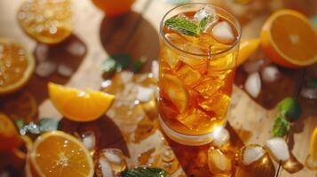 Refreshing Citrus Iced Tea Served in a Clear Glass on a Wooden Table Surrounded by Fresh Oranges and Ice Cubes During a Sunny Afternoon photo