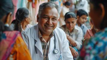 Compassionate Doctor Engaging With Patients at a Vibrant Community Health Camp in Early Morning Light photo