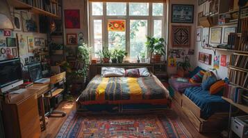 Cozy Sunny Bedroom Filled With Books, Plants, And Colorful Textiles In A Urban Apartment photo