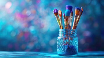 Vibrant Paintbrushes Resting in a Crystal Jar Against a Dreamy Background of Colorful Hues photo