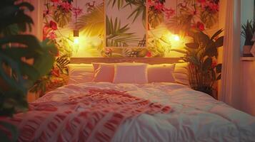 Cozy Tropical Retreat With Lush Greenery and Warm Lighting in a Bedroom photo