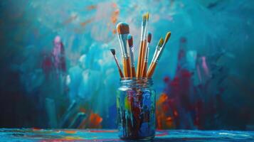 Vibrant Paint Brushes Resting In a Glass Jar Amidst Colorful Abstract Background photo