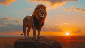 Majestic Lion Standing Proudly on a Rock at Sunset Over the African Savanna photo