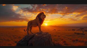 Majestic Lion Standing Proudly on a Rock Against a Stunning African Sunset in the Serengeti photo