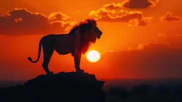 Majestic Lion Silhouetted Against a Vibrant Sunset in the African Savannah photo