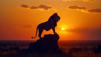 Majestic Lion Silhouetted Against the Vibrant Sunset in Savanna Landscape photo