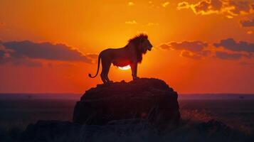 Majestic Lion Standing Proudly on a Rock Against a Vibrant Sunset in Serengeti National Park photo