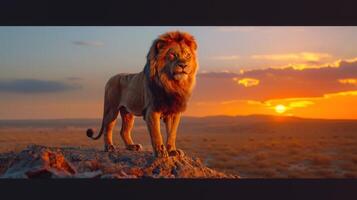 Majestic Lion Standing Proudly on Rocky Outcrop at Sunset in the African Savannah photo