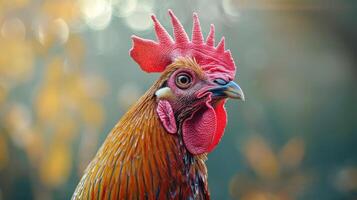 A Captivating Close-Up of a Vibrant Rooster in Autumn Sunshine at a Rustic Farm photo