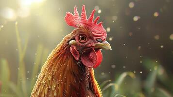 Captivating Rooster Strutting Through Sunlit Garden at Dawn With Dew-Dropped Grass Glimmering Silently photo