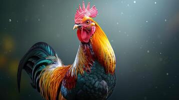 Vibrant Rooster Strutting Proudly Amidst Soft Rain in a Lush Green Forest photo