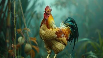 Vibrant Rooster Strutting Through Lush Tropical Landscape at Sunrise photo