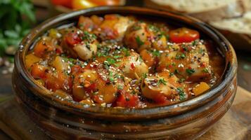 Hearty Vegetable Stew Simmering in Rustic Pot on Wooden Table at Sunset photo